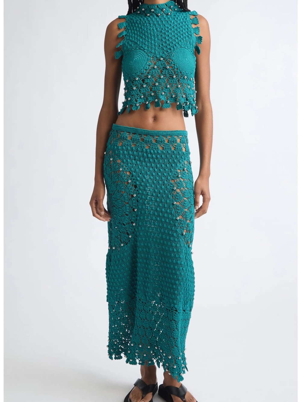Paco Rabanne Teal Crochet Maxi Skirt